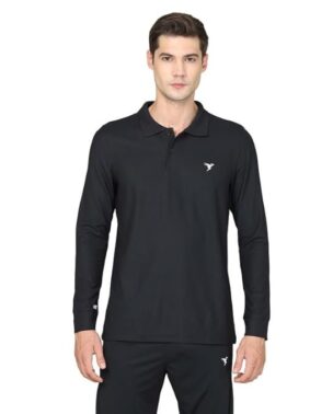 FlexWear Men’s Black Full Sleeve Polo T-Shirt – Activewear Gym & Workout Wear