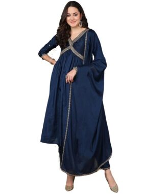 Aarika Women’s Silk Blend Yoke Design Anarkali Kurta Set with Dupatta