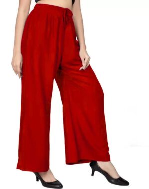 Velmora Women’s Red Rayon Palazzo Pants – Regular Fit Casual Wear