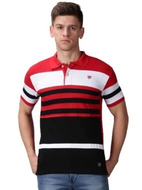 Velmora Men’s Red & White Striped Cotton Polo T-Shirt – Regular Fit Casual Wear