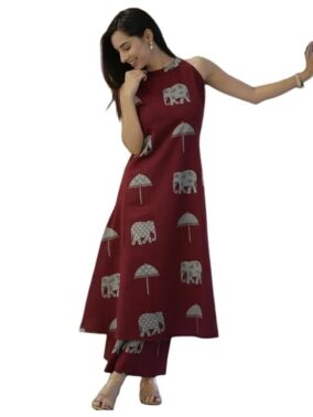 Velmora Women’s Maroon Cotton Co-Ord Kurta Set – Festive Ethnic Wear