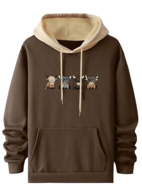 TrendBolt Men’s Cartoon Print Woolen Hoodie – Brown