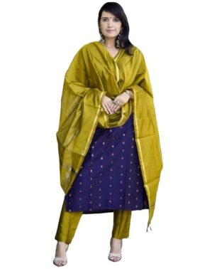 Zyra Women’s Blue Silk Cotton Kurta Set – 3 Piece Elegant Ethnic Wear