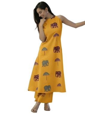 Velmora Women’s Yellow Cotton Co-Ord Kurta Set – Casual Ethnic Wear