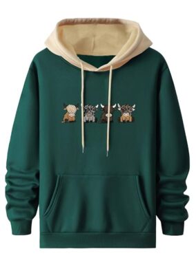 TrendBolt Men’s Cartoon Print Woolen Hoodie – Green