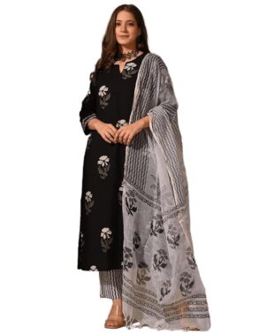 FloraStyle Women’s Black Floral Printed Kurta Pant Set with Dupatta