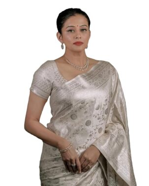 AureliaX Women’s Beige Banarasi Silk Saree – South Indian Ethnic Wear