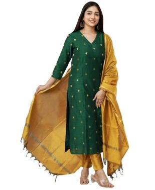 Zyra Women’s Green Silk Cotton Kurta Set – 3 Piece Traditional Wear