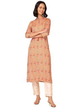 Zyra Women’s Peach Rayon Cotton Kurta – Floral Print Zari Embroidered Casual Wear