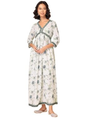 Zyra Women’s Beige Georgette Kurta – Lotus Design Regular Fit Ethnic Wear