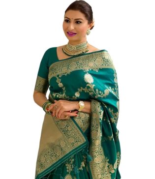 Velmora Women’s Teal Cotton Silk Banarasi Saree – Comfortable Ethnic Wear