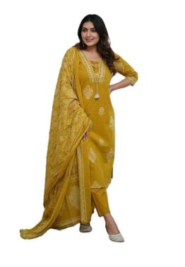 LuxeAura Women’s Mustard Silk Cotton Kurta Set – 3 Piece Festive Ethnic Wear