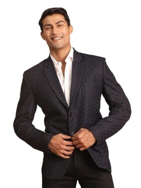 VASTRAMAY Imported Jacquard Fabric Blazer for Men ? Elegant Ethnic Wear for Weddings & Special Navy Blue
