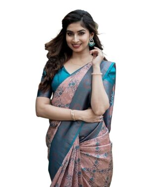 Zyra Women’s Blue Kanjivaram Soft Silk Saree – Premium Banarasi Style