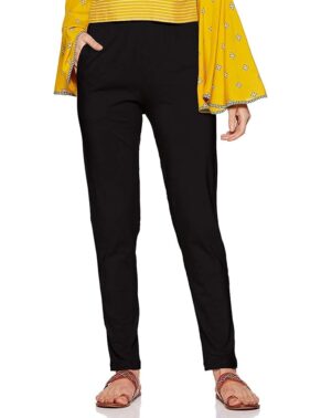 ZyraFit Women’s Black & Yellow Churidar Leggings – Mid Rise Casual Wear