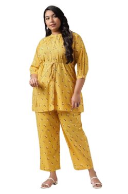 IndiBloom Women’s Mustard Floral Cotton Co-ord Set – Straight Fit Ethnic Wear