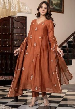 LuxeAura Women’s Orange Embroidered Anarkali Kurta Set – Elegant Ethnic Wear with Dupatta