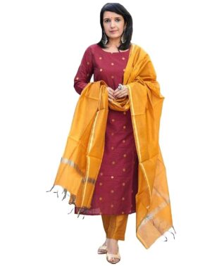 Zyra Women’s Maroon Silk Cotton Kurta Set – 3 Piece Festive Wear