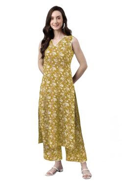 IndiBloom Women’s Yellow Floral Cotton Co-ord Set – Straight Fit Daily Wear