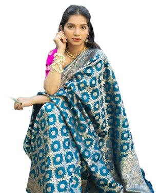 AureliaX Women’s Teal Kanjivaram Art Silk Saree – Festive Ethnic Wear
