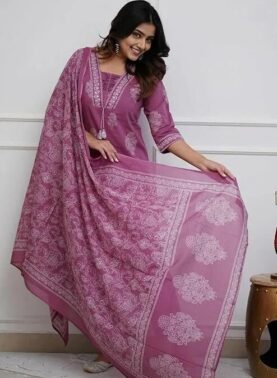 Zyra Women’s Pink Cotton Printed Kurta Set – Handwork Ethnic Wear with Dupatta