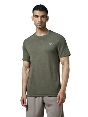 FlexWear Men’s Olive Self Design Crew Neck T-Shirt – Gym & Casual Wear