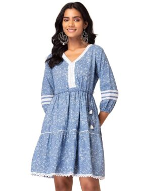 Zyra Women’s Blue Color Block Anarkali Kurta – Cotton Round Neck Casual Wear