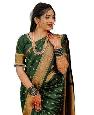 Velmora Women’s Dark Green Banarasi Soft Silk Saree – Pure Silk Collection