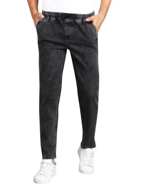 UrbanDrip Men’s Jet Black Regular Fit Jeans – Mid Rise Stretch Denim