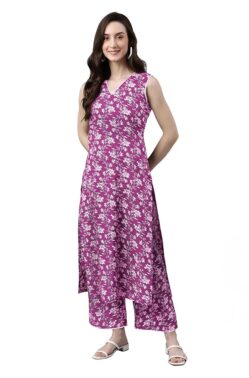 IndiBloom Women’s Pink Floral Cotton Co-ord Set – Straight Fit Daily Wear