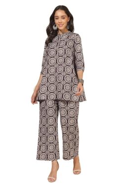 Velmora Women’s Beige Ethnic Motif Cotton Co-ord Set – A-Line Daily Wear