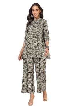 Velmora Women’s Olive Ethnic Motif Cotton Co-ord Set – A-Line Casual Wear