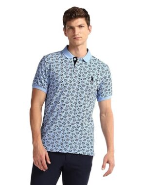 Velmora Men’s Blue Floral Polo T-Shirt – Slim Fit Stylish Casual