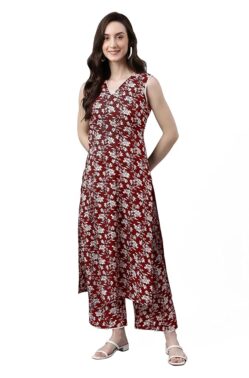 IndiBloom Women’s Maroon Floral Cotton Co-ord Set – Straight Fit Casual Wear