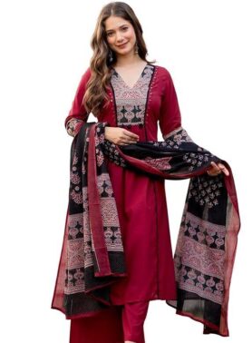 Chandrika Women’s Chanderi A-Line Kurta Set with Pants & Dupatta – Pink