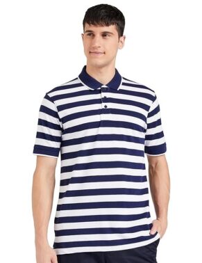 Velmora Men’s Blue Striped Cotton Polo T-Shirt – Regular Fit Casual Wear