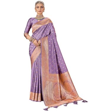 Zyra Women’s Purple Embroidered Organza Saree – Elegant Party Wear
