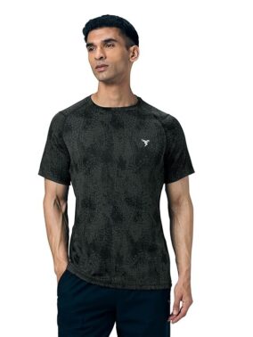 FlexWear Men’s Black Printed Crew Neck T-Shirt – Slim Fit Sports & Gym Wear