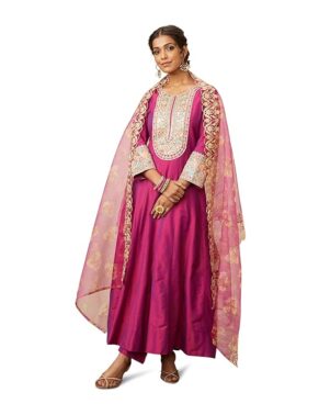 Zariya Women’s Straight Embroidered Kurta Set with Organza Dupatta