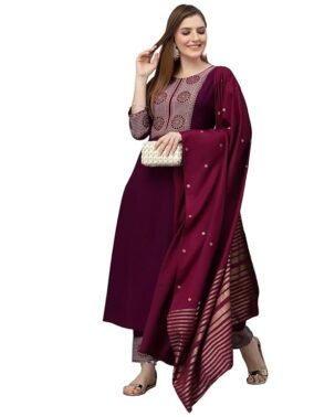 EthniQ Women’s Viscose Embroidered Kurta Pant Set with Dupatta
