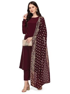 Zariya Women’s Poly Crepe A-Line Kurta Set with Dupatta – Maroon