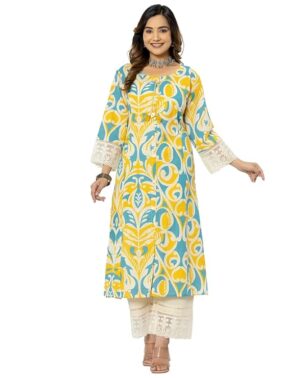 Vastrika Women’s Cotton Printed A-Line Kurta Set with Pants