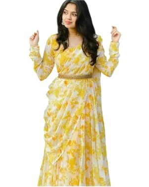 FloraStyle Women’s Printed Anarkali Gown with Dupatta & Belt
