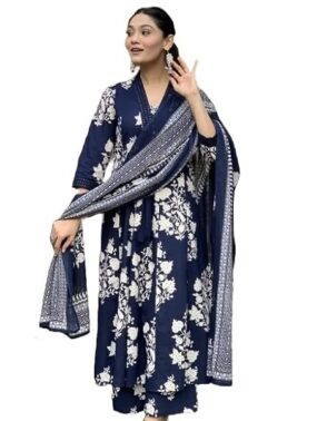 IndiWeave Women’s Blue Printed A-Line Kurta with Dupatta