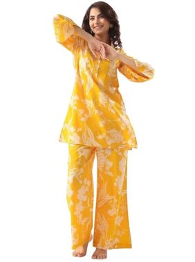 Vastrika Women’s Printed Cotton Palazzo Kurta Set – Yellow